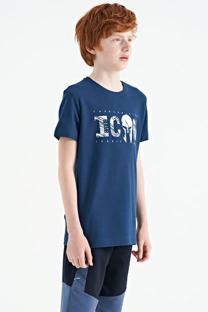 Indigo Crew Neck Embroidered Standard Fit Boys' T-Shirt - 11118