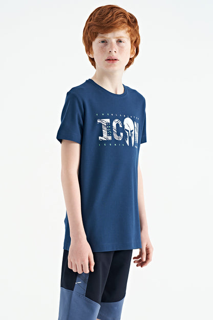 Indigo Crew Neck Embroidered Standard Fit Boys' T-Shirt - 11118