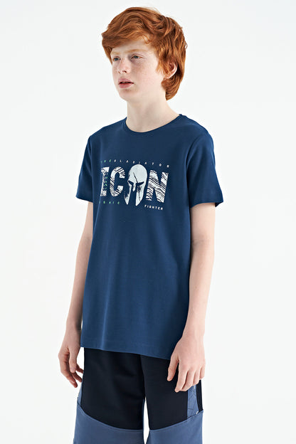 Indigo Crew Neck Embroidered Standard Fit Boys' T-Shirt - 11118
