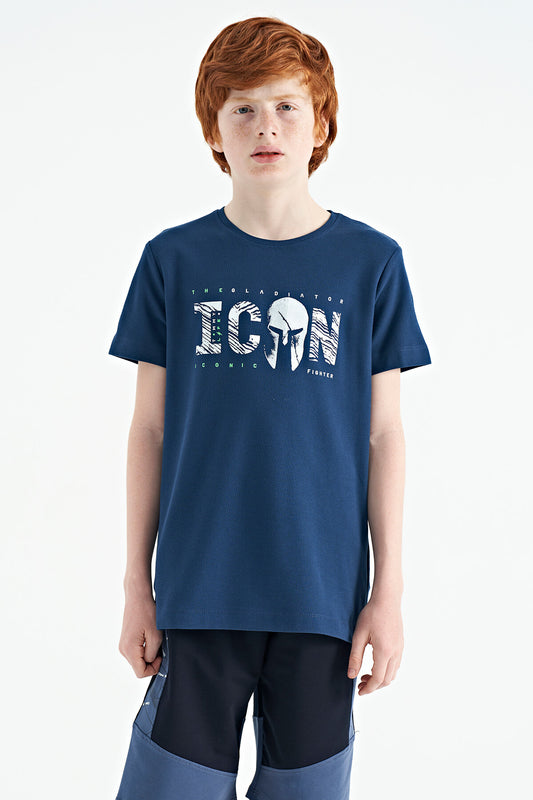 Indigo Crew Neck Embroidered Standard Fit Boys' T-Shirt - 11118