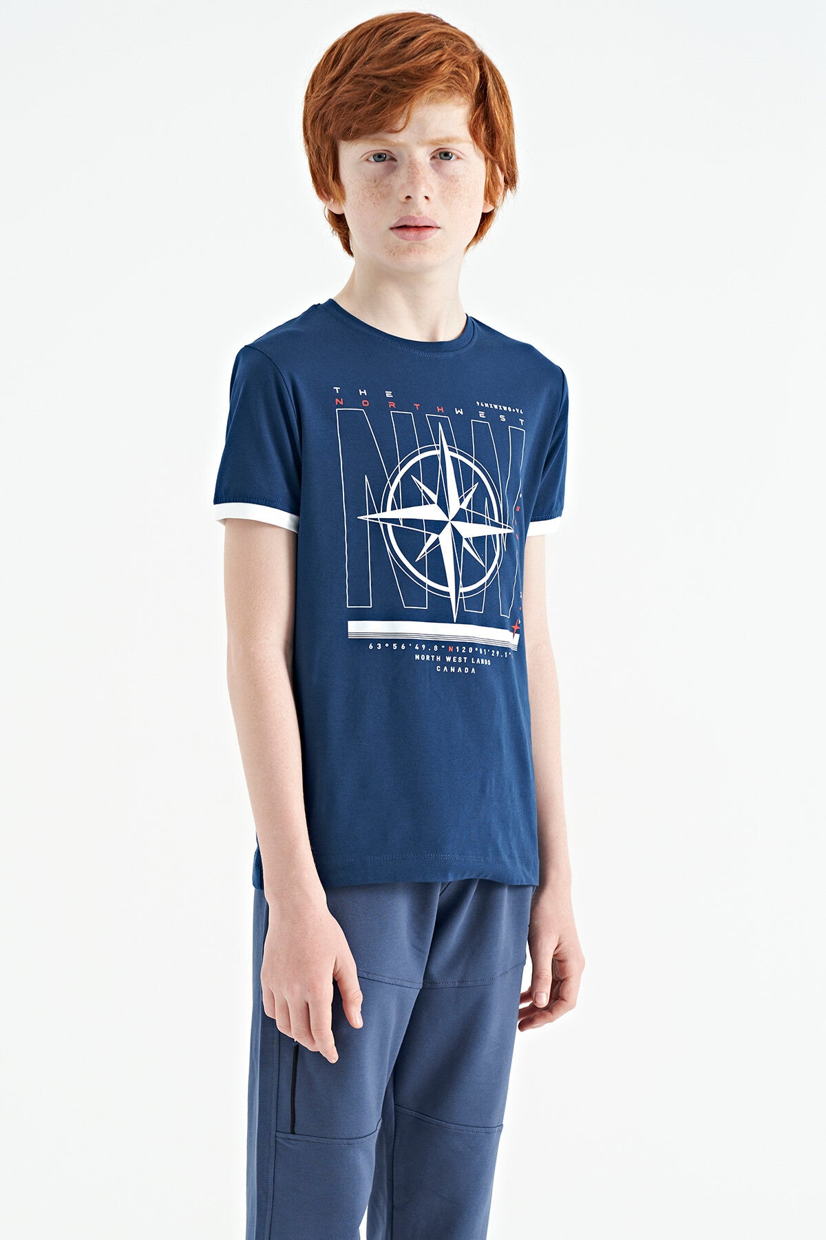 Indigo Compass Printed Standard Fit O Collar Boys T-Shirt - 11106