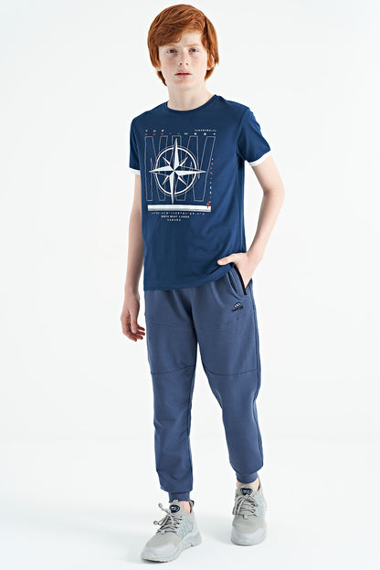 Indigo Compass Printed Standard Fit O Collar Boys T-Shirt - 11106
