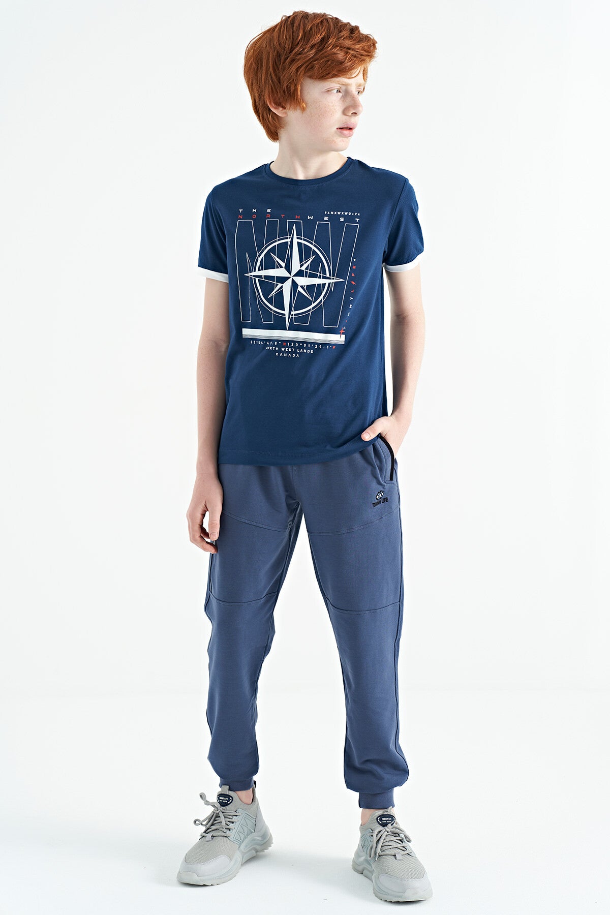 Indigo Compass Printed Standard Fit O Collar Boys T-Shirt - 11106