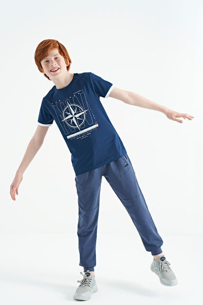 Indigo Compass Printed Standard Fit O Collar Boys T-Shirt - 11106