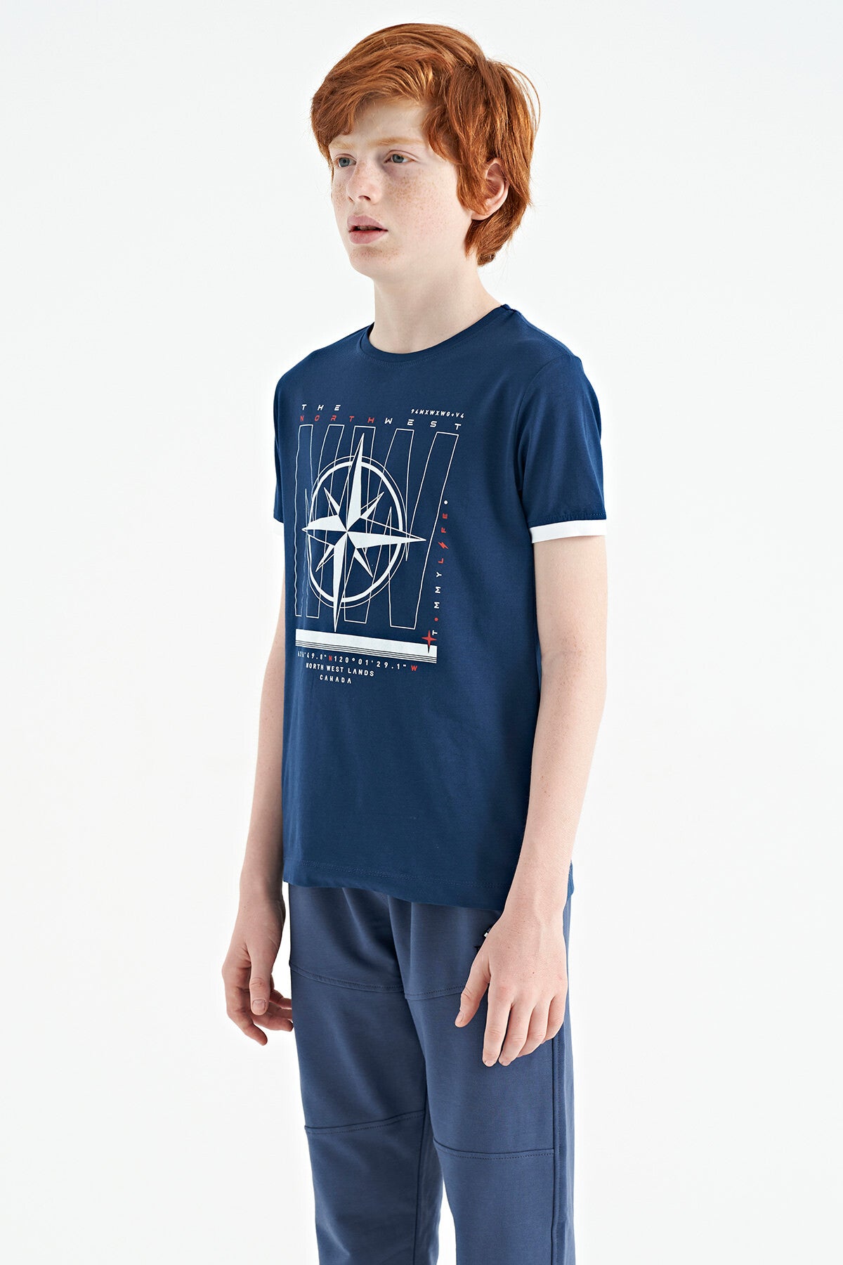 Indigo Compass Printed Standard Fit O Collar Boys T-Shirt - 11106