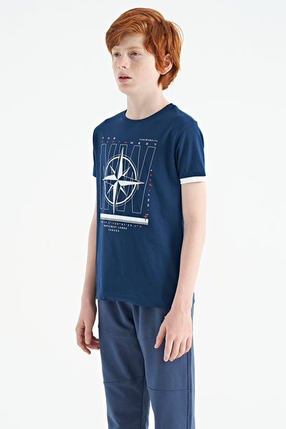 Indigo Compass Printed Standard Fit O Collar Boys T-Shirt - 11106