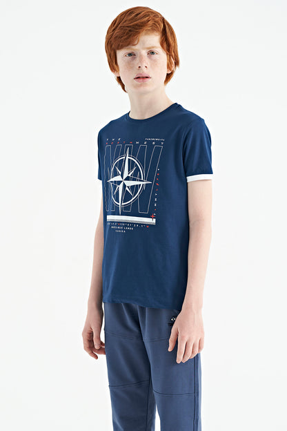 Indigo Compass Printed Standard Fit O Collar Boys T-Shirt - 11106