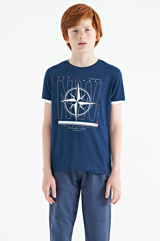 Indigo Compass Printed Standard Fit O Collar Boys T-Shirt - 11106
