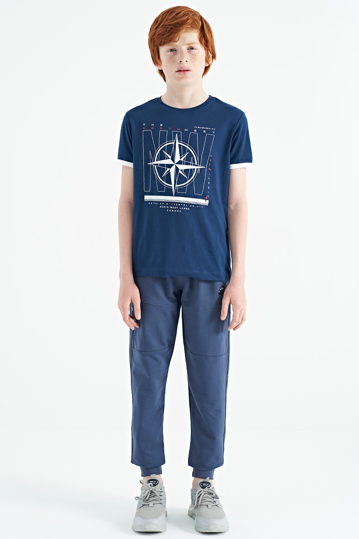 Indigo Compass Printed Standard Fit O Collar Boys T-Shirt - 11106