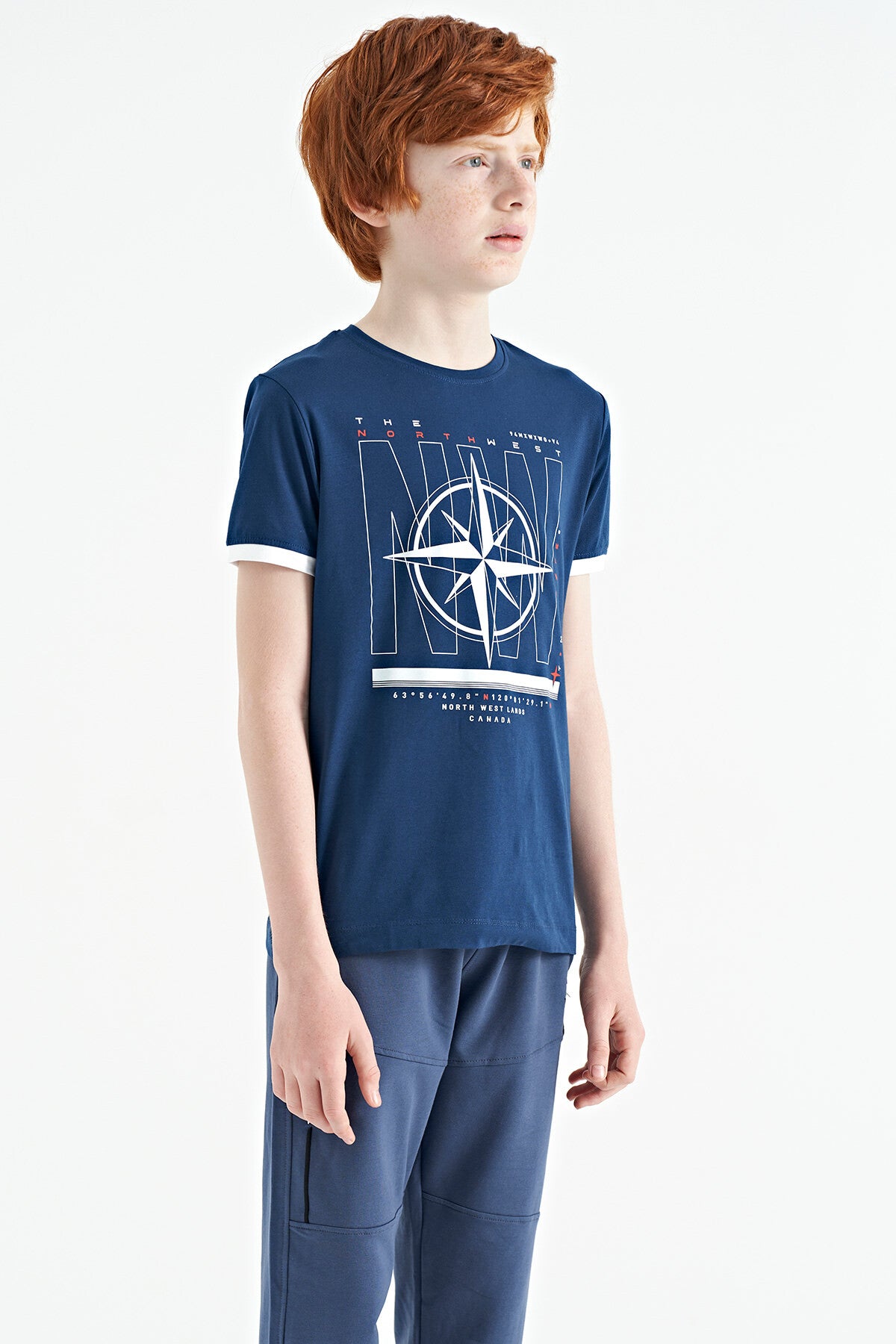 Indigo Compass Printed Standard Fit O Collar Boys T-Shirt - 11106