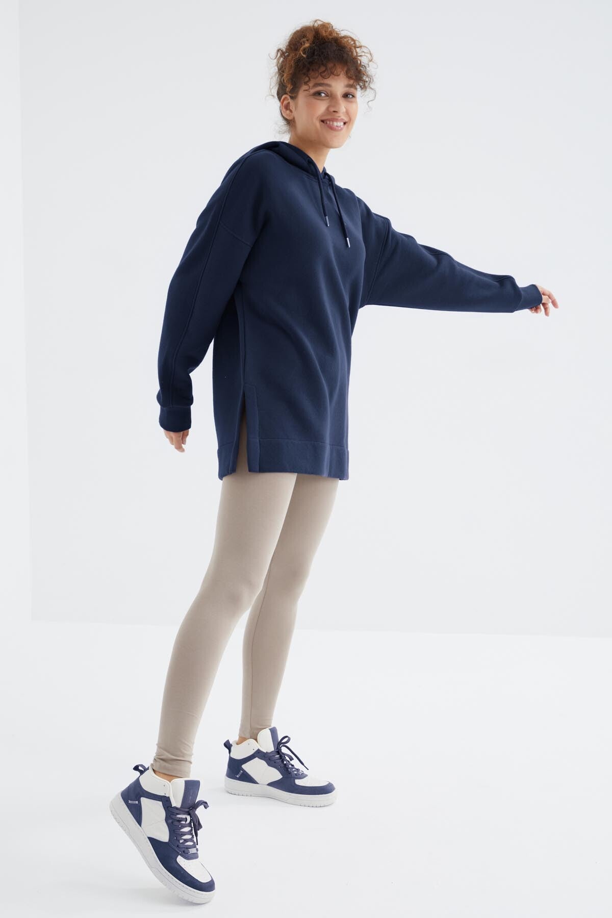Indigo Raglan Sleeve Basic Hooded Oversize Sweatshirt Tunic - 97242