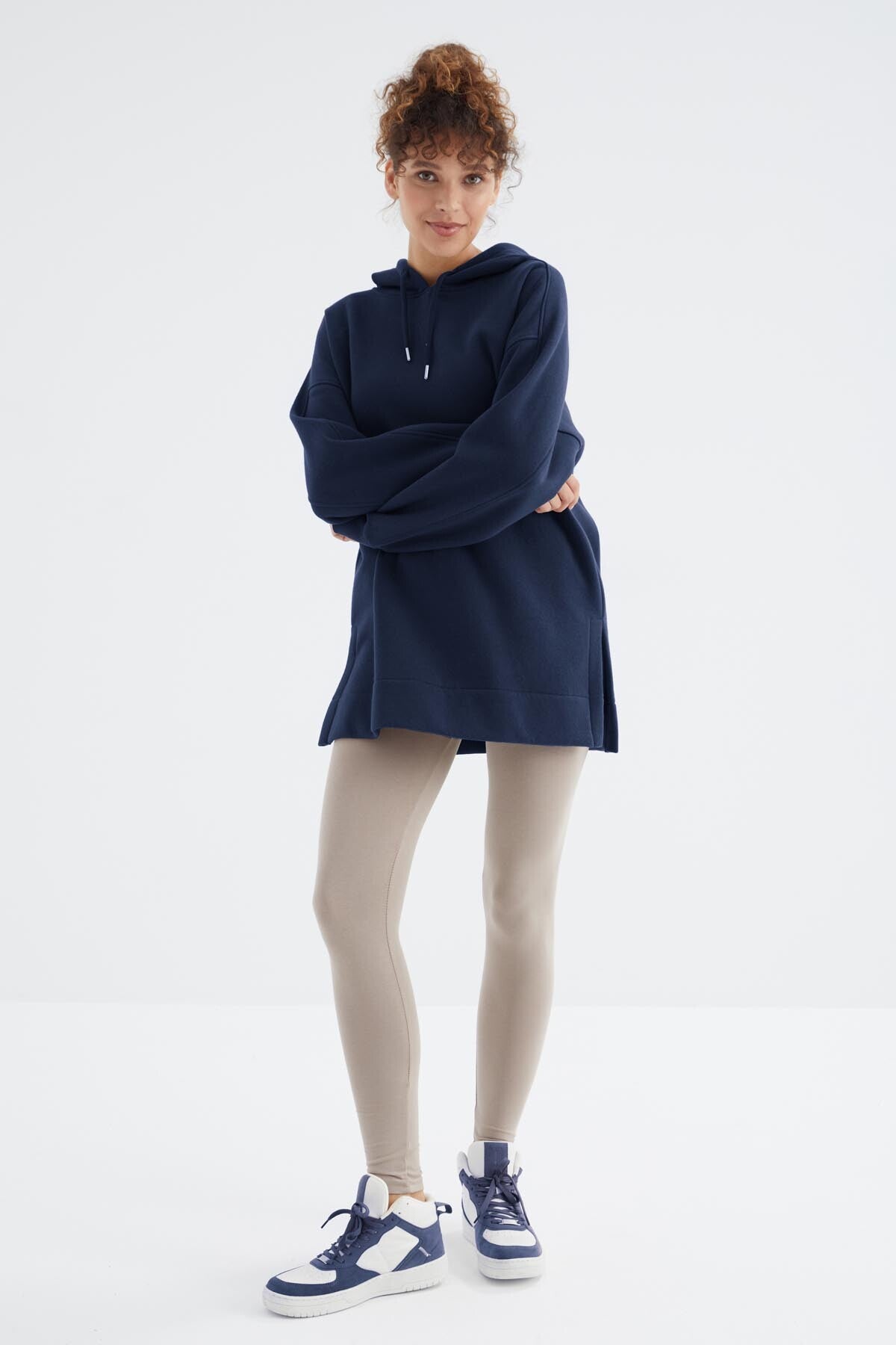 Indigo Raglan Sleeve Basic Hooded Oversize Sweatshirt Tunic - 97242