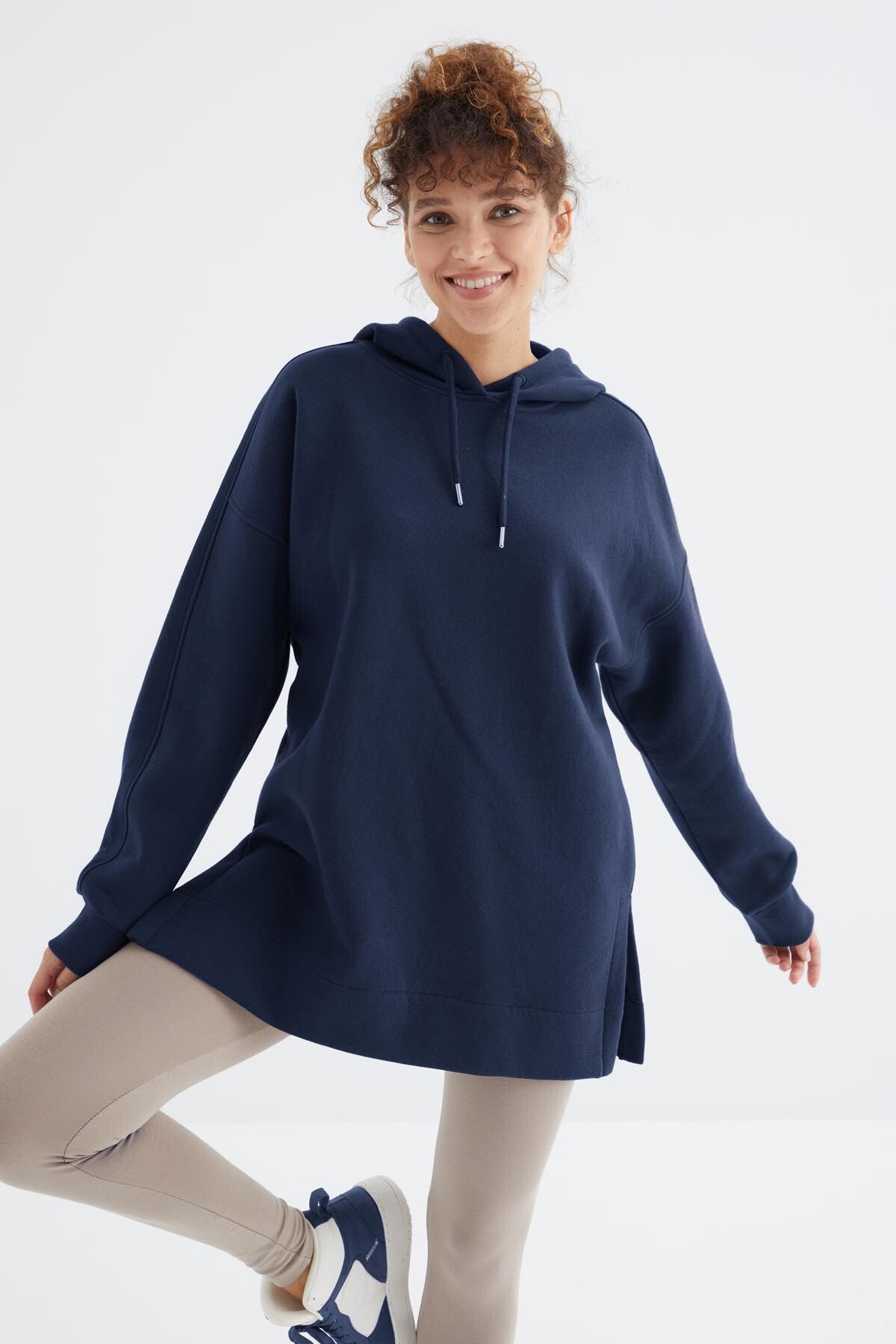 Indigo Raglan Sleeve Basic Hooded Oversize Sweatshirt Tunic - 97242