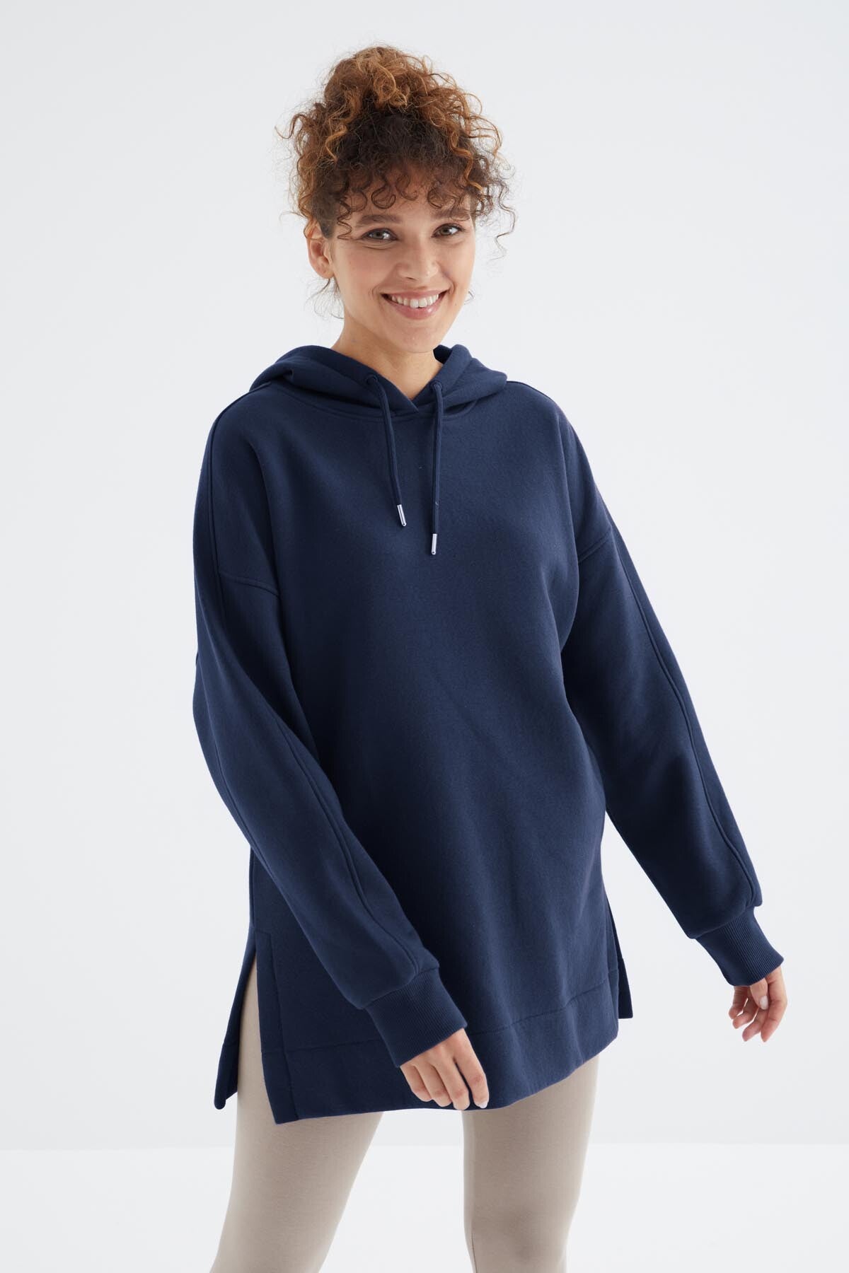 Indigo Raglan Sleeve Basic Hooded Oversize Sweatshirt Tunic - 97242