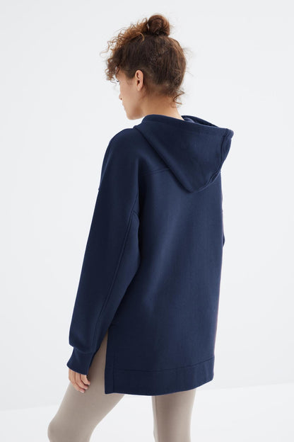 Indigo Raglan Sleeve Basic Hooded Oversize Sweatshirt Tunic - 97242