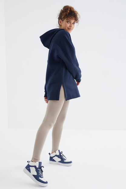 Indigo Raglan Sleeve Basic Hooded Oversize Sweatshirt Tunic - 97242