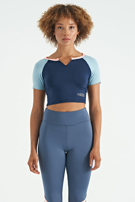 Indigo Color Block Logo Printed O Collar Slim Fit Women's Crop T-Shirt - 97270
