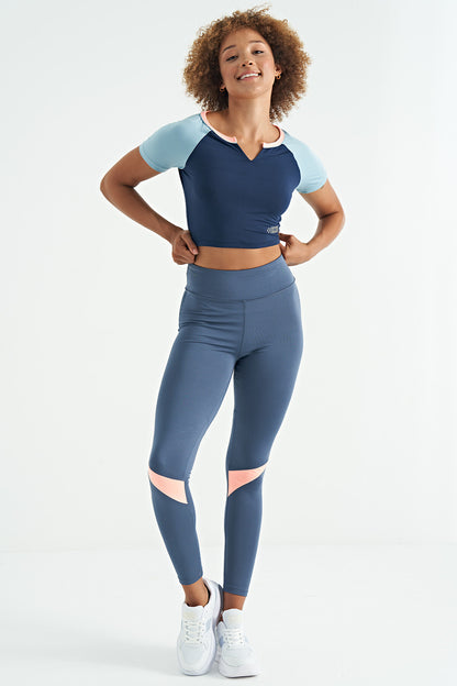 Indigo Color Block Logo Printed O Collar Slim Fit Women's Crop T-Shirt - 97270