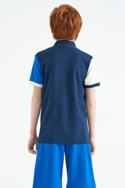 Indigo Color Block Embroidered Detailed Standard Pattern Polo Collar Boys T-Shirt - 11088