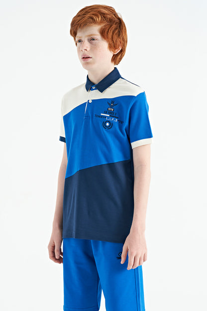 Indigo Color Block Embroidered Detailed Standard Pattern Polo Collar Boys T-Shirt - 11088