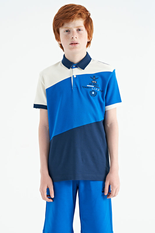Indigo Color Block Embroidered Detailed Standard Pattern Polo Collar Boys T-Shirt - 11088