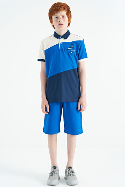 Indigo Color Block Embroidered Detailed Standard Pattern Polo Collar Boys T-Shirt - 11088