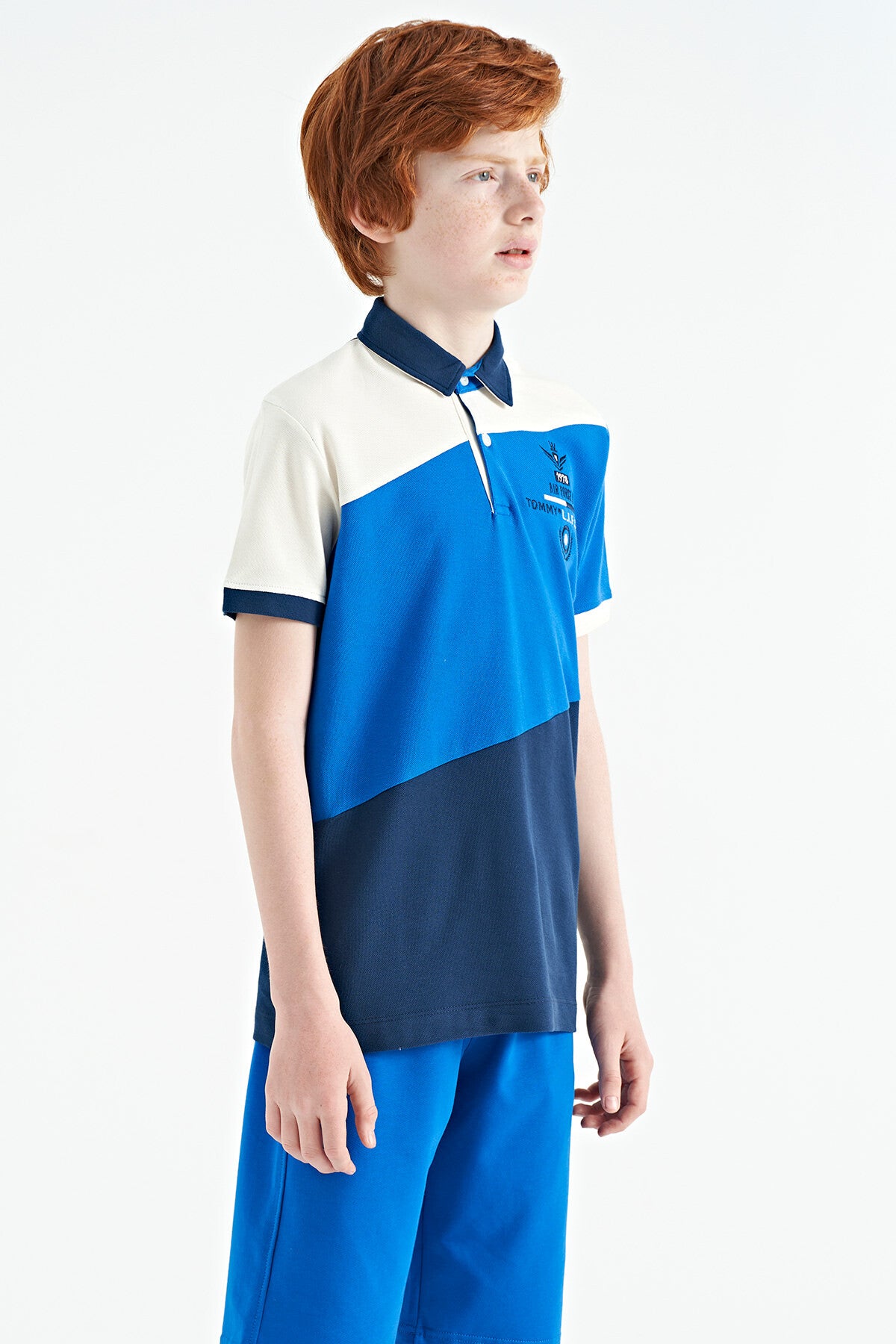 Indigo Color Block Embroidered Detailed Standard Pattern Polo Collar Boys T-Shirt - 11088