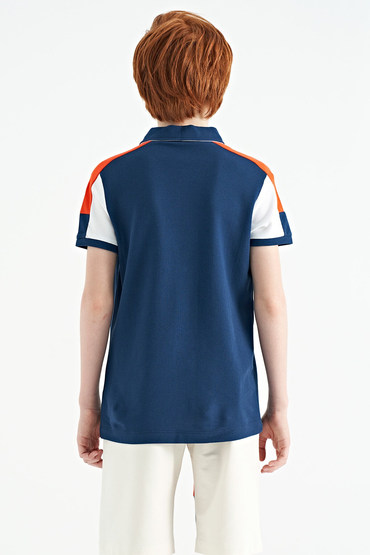 Indigo Color Blocked Shoulder Trim Detailed Standard Pattern Boys' T-Shirt - 11155