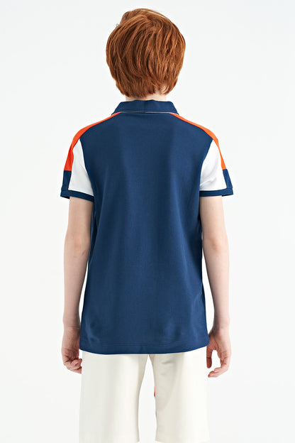 Indigo Color Blocked Shoulder Trim Detailed Standard Pattern Boys' T-Shirt - 11155