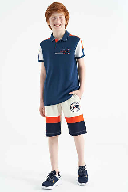 Indigo Color Blocked Shoulder Trim Detailed Standard Pattern Boys' T-Shirt - 11155