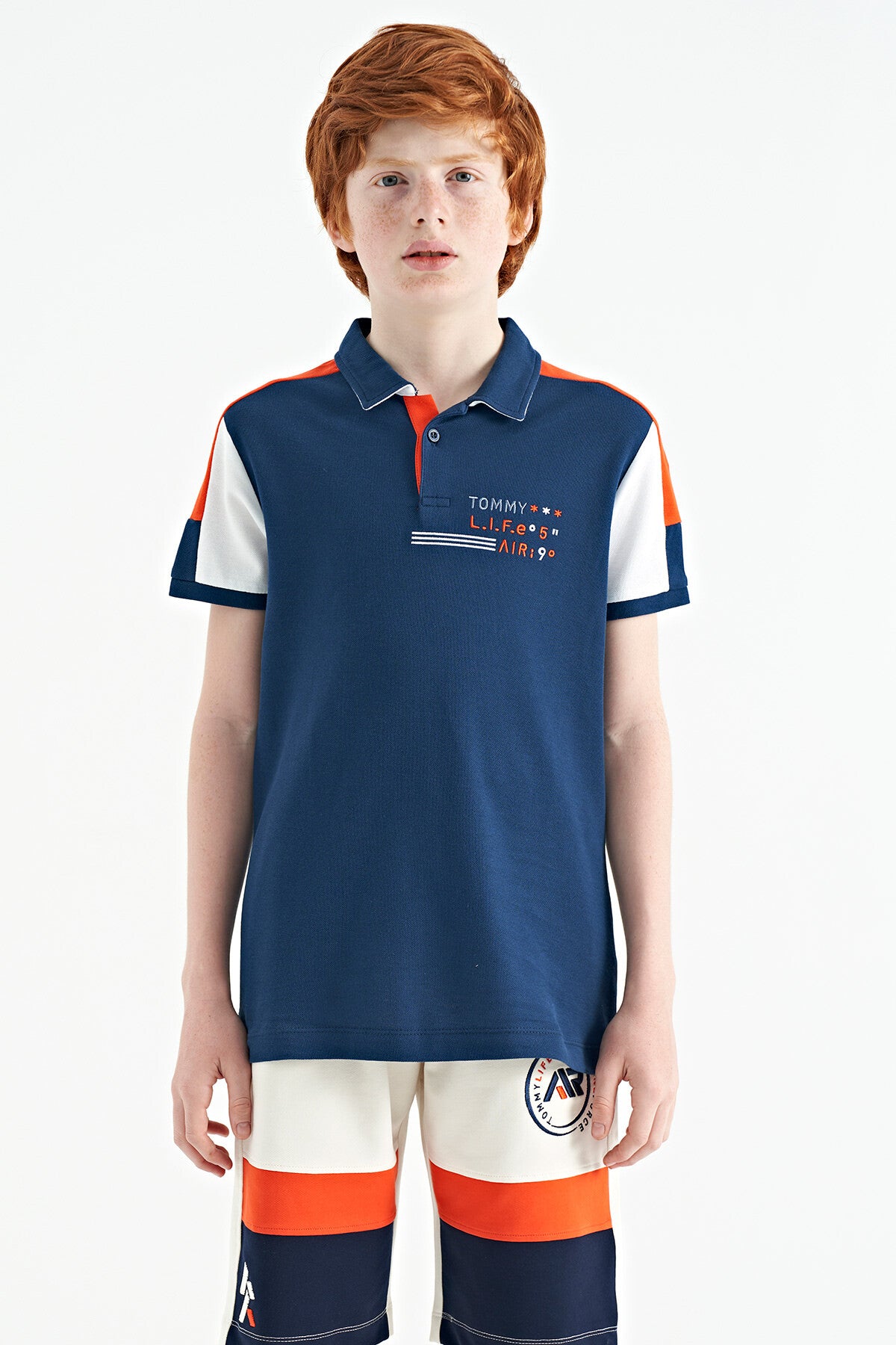 Indigo Color Blocked Shoulder Trim Detailed Standard Pattern Boys' T-Shirt - 11155