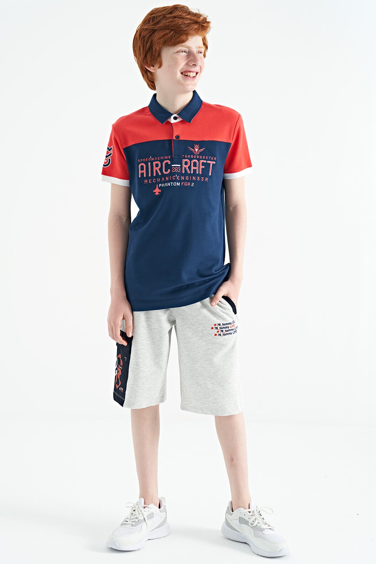 Indigo Color Block Letter Embroidery Standard Fit Polo Collar Boys T-Shirt - 11087