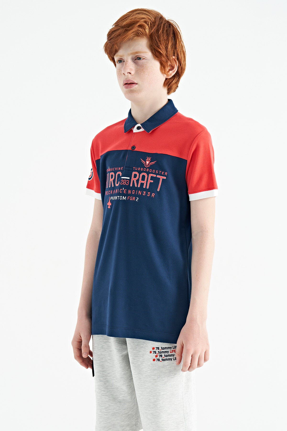 Indigo Color Block Letter Embroidery Standard Fit Polo Collar Boys T-Shirt - 11087