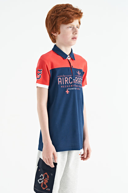 Indigo Color Block Letter Embroidery Standard Fit Polo Collar Boys T-Shirt - 11087