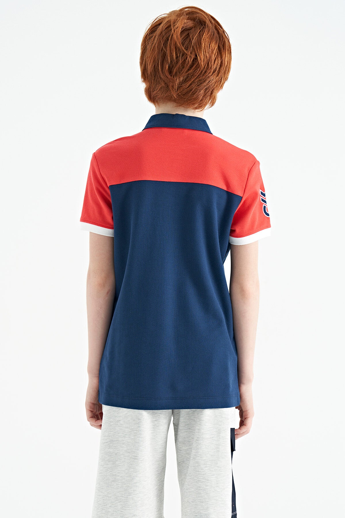 Indigo Color Block Letter Embroidery Standard Fit Polo Collar Boys T-Shirt - 11087