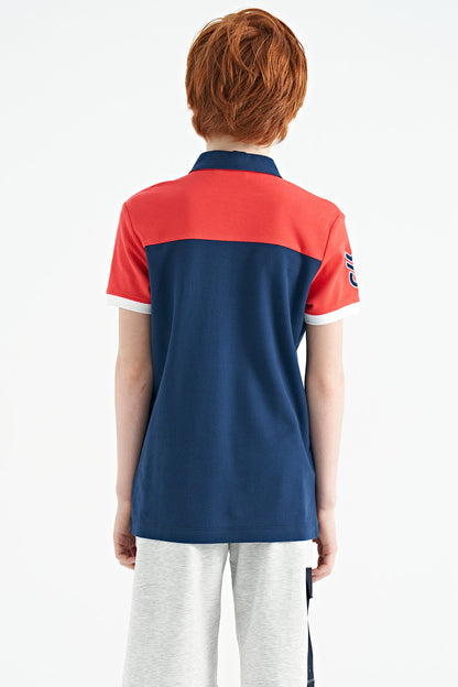 Indigo Color Block Letter Embroidery Standard Fit Polo Collar Boys T-Shirt - 11087