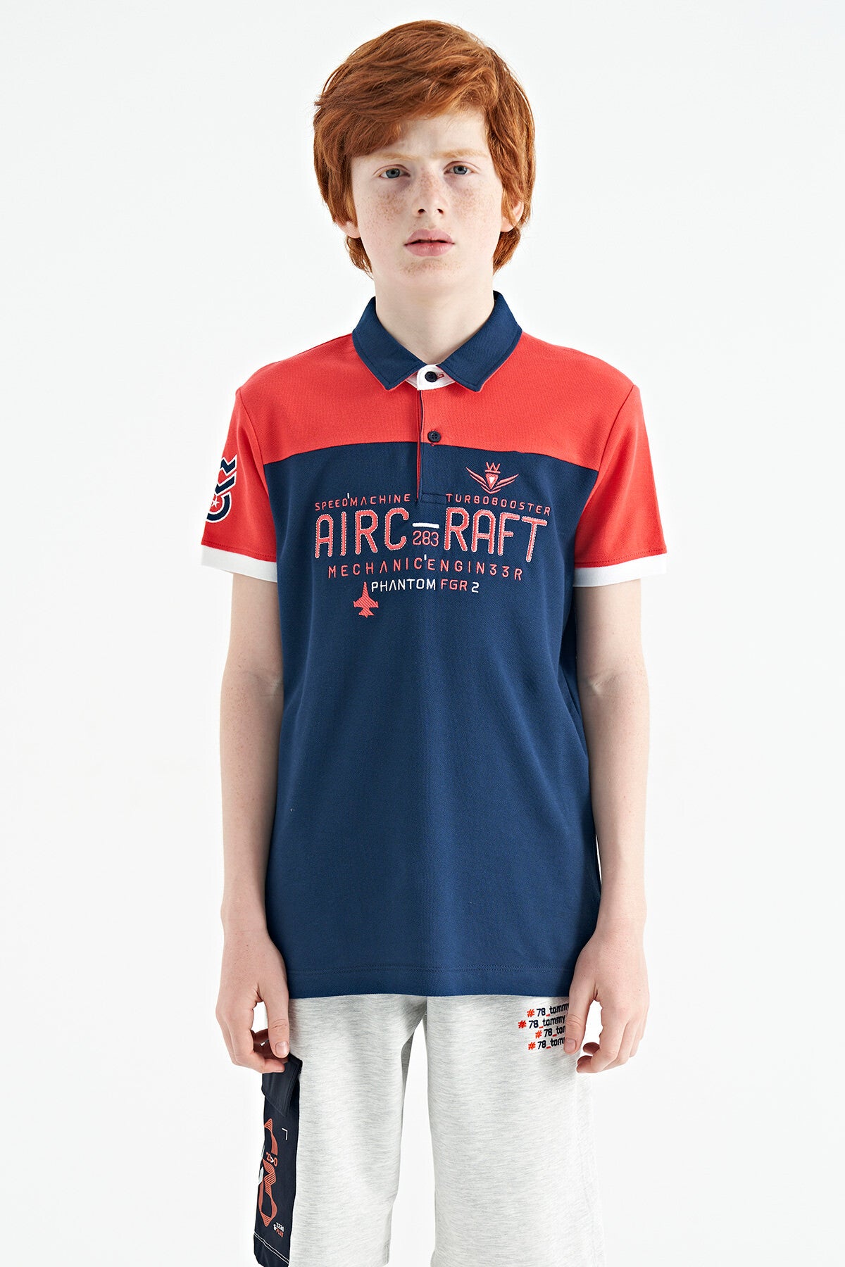 Indigo Color Block Letter Embroidery Standard Fit Polo Collar Boys T-Shirt - 11087