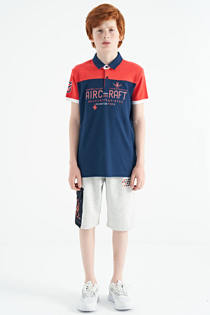 Indigo Color Block Letter Embroidery Standard Fit Polo Collar Boys T-Shirt - 11087