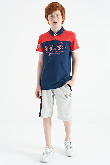 Indigo Color Block Letter Embroidery Standard Fit Polo Collar Boys T-Shirt - 11087
