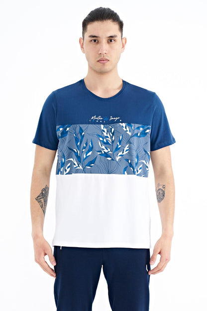 Indigo Color Gradient Print Detailed O Collar Standard Fit Men's T-Shirt - 88177