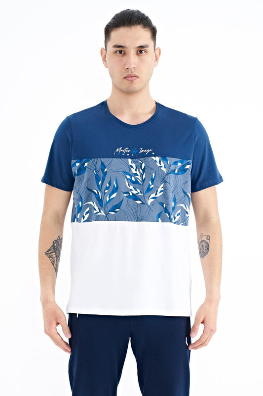 Indigo Color Gradient Print Detailed O Collar Standard Fit Men's T-Shirt - 88177