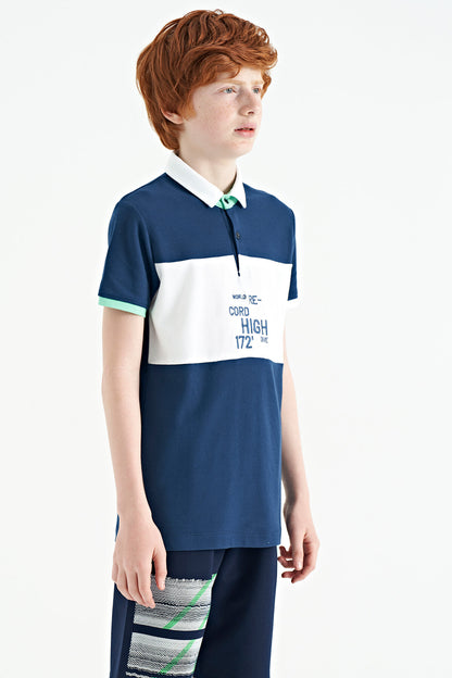 Indigo Color Gradient Embroidered Detailed Standard Pattern Polo Collar Boys T-Shirt - 11110