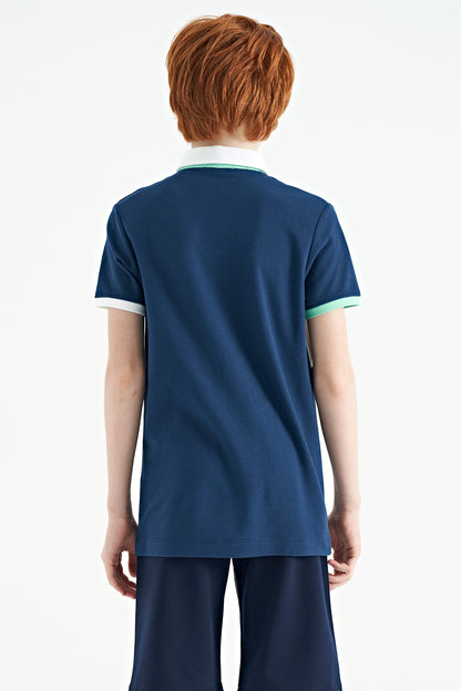 Indigo Color Gradient Embroidered Detailed Standard Pattern Polo Collar Boys T-Shirt - 11110