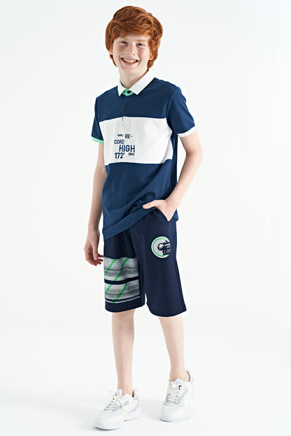 Indigo Color Gradient Embroidered Detailed Standard Pattern Polo Collar Boys T-Shirt - 11110