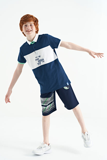 Indigo Color Gradient Embroidered Detailed Standard Pattern Polo Collar Boys T-Shirt - 11110