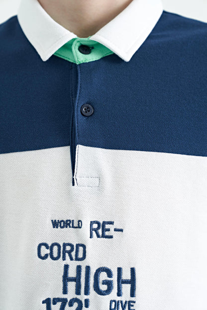 Indigo Color Gradient Embroidered Detailed Standard Pattern Polo Collar Boys T-Shirt - 11110
