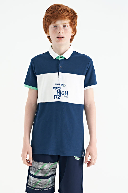 Indigo Color Gradient Embroidered Detailed Standard Pattern Polo Collar Boys T-Shirt - 11110