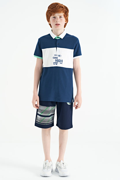 Indigo Color Gradient Embroidered Detailed Standard Pattern Polo Collar Boys T-Shirt - 11110