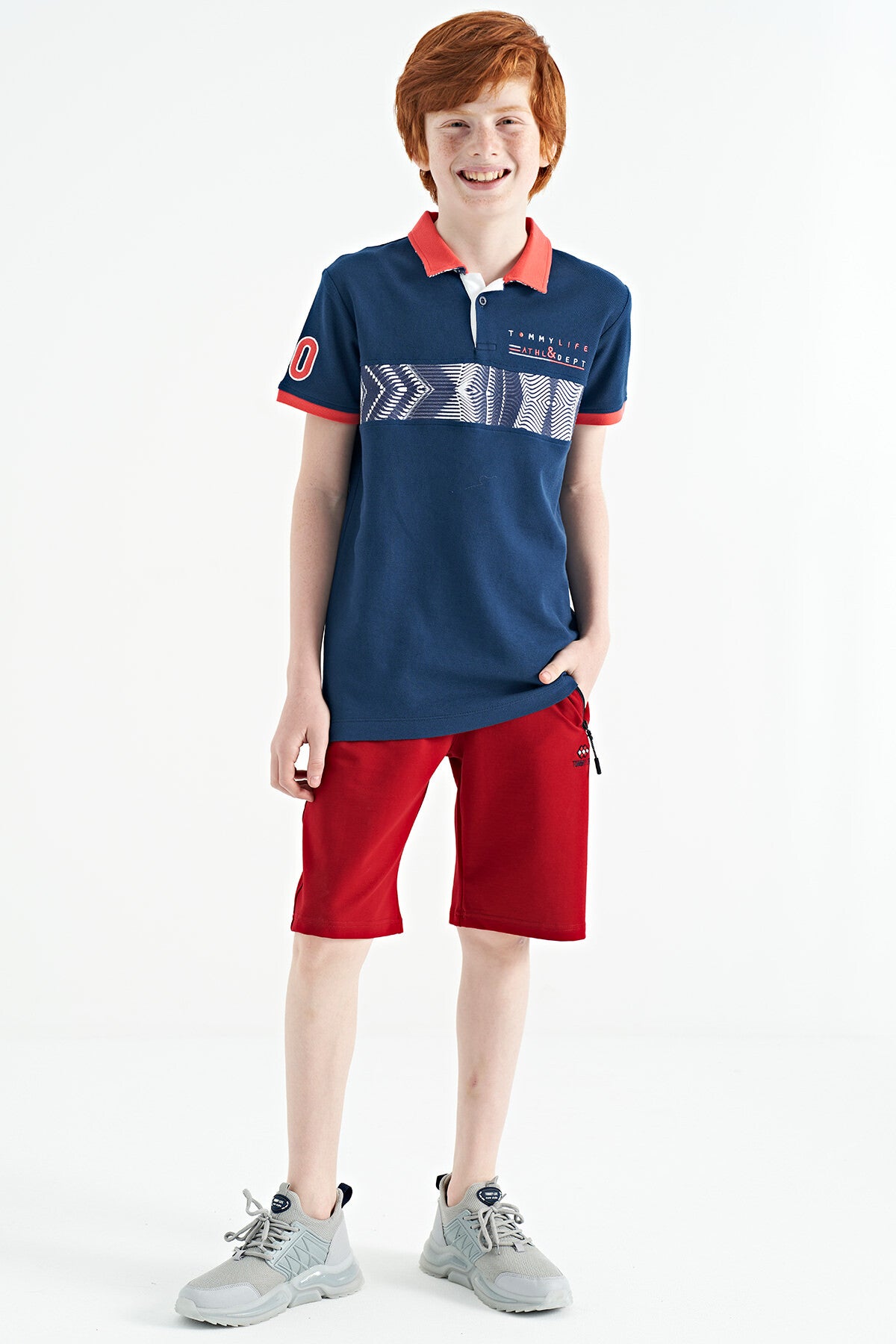 Indigo Striped Print Detailed Polo Collar Standard Cut Boys' T-Shirt - 11162