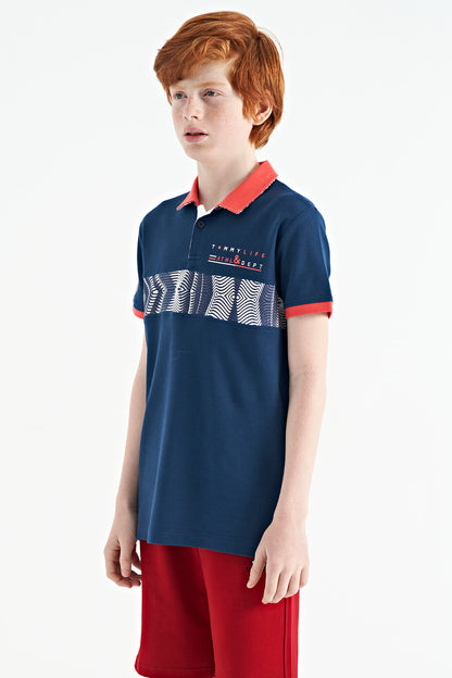 Indigo Striped Print Detailed Polo Collar Standard Cut Boys' T-Shirt - 11162